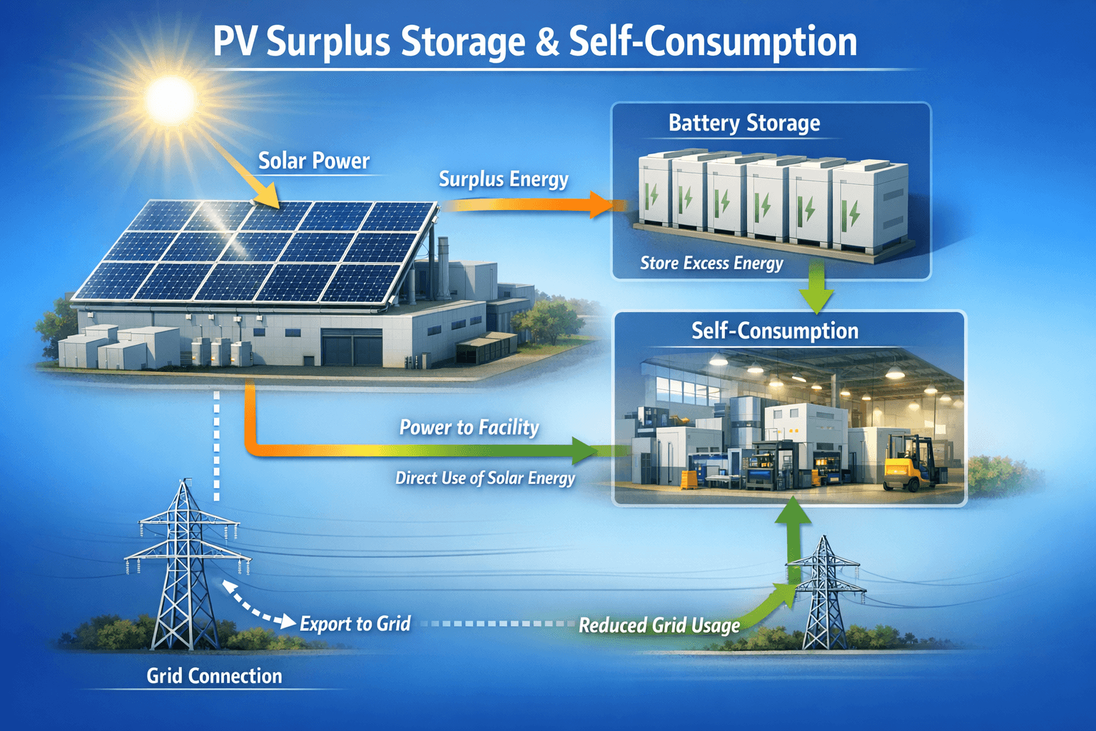 ESS + PV for business: self-consumption, surplus and charging strategies